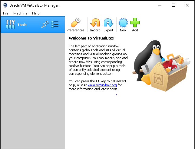 Start the VirtualBox program, and click new