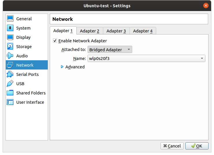 This is where you can change the network adapter to bridged so that you have bi-directional network access between the Ubuntu Virtual Machine and your Windows or OSX OS - Note that this can be problematic on some work networks such as eduroam