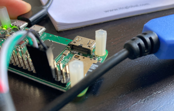 The Raspberry Pi connected to USB/TTL - Note the unattached Red wire
