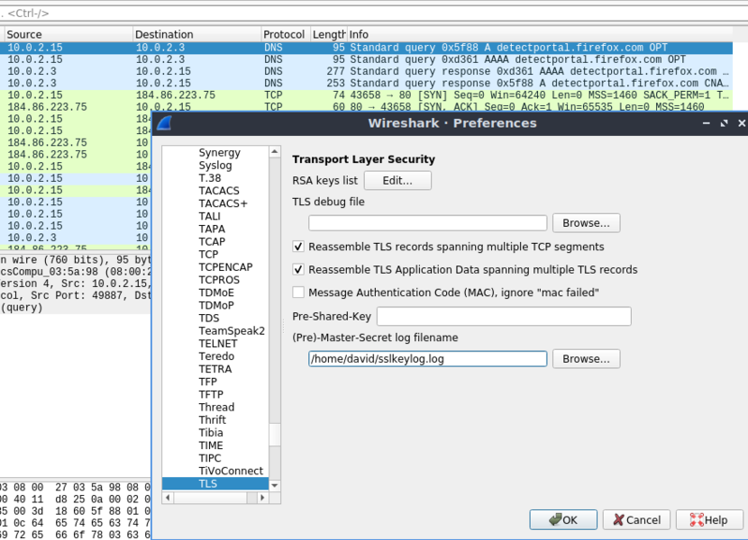 Setting the location of the SSL key in Wireshark